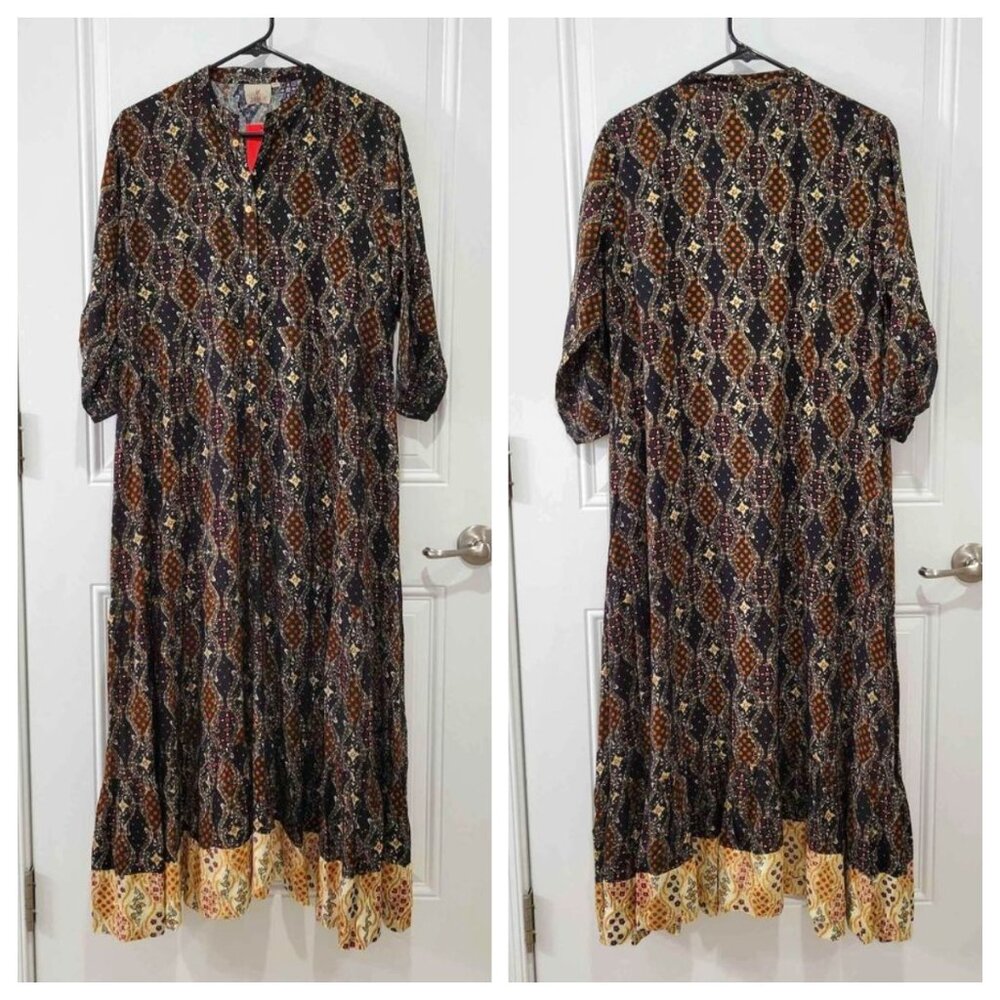 NWT Indian Ajrakh Style Eclectic Floral Printed Maxi Dress XXL/2XL